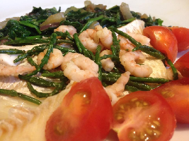 Voedselzandloper: Schelvis met garnalen en zeekraal en spinazie met venkel, rode ui en rucola