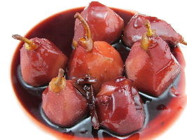 Voedselzandloper-proof: Stoofpeertjes in saus van rode wijn met wilde bramenazijn